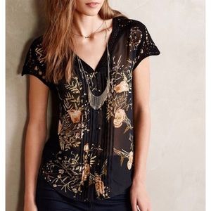 Meadow Rue Sheer Short Sleeve Black Floral Blouse Crochet Detail